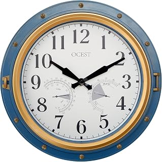 OCEST 16 Inch Waterproof Outdoor Wall Clock, Thermometer Hygrometer | Silent non-ticking movement, battery powered, blue easy-read dial for patio, porch, garden, kitchen, and home decor