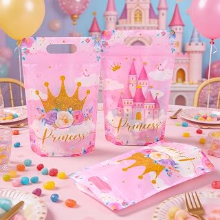 Stand Up Storage Bags with Handles, Pink Crown Castle Floral Treat Bags, Zip Lock Closure, Waterproof, Resealable Snack Goodie Zip Lock Bags for Girls, Princess, Birthday Party Supplies, 25pcs