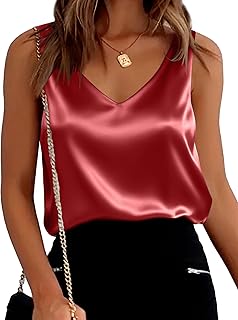 Ekouaer Womens Silk Satin Tank Tops V Neck Casual Cami Sleeveless Camisole Blouses Summer Basic Tank Shirt Deep Red, Small