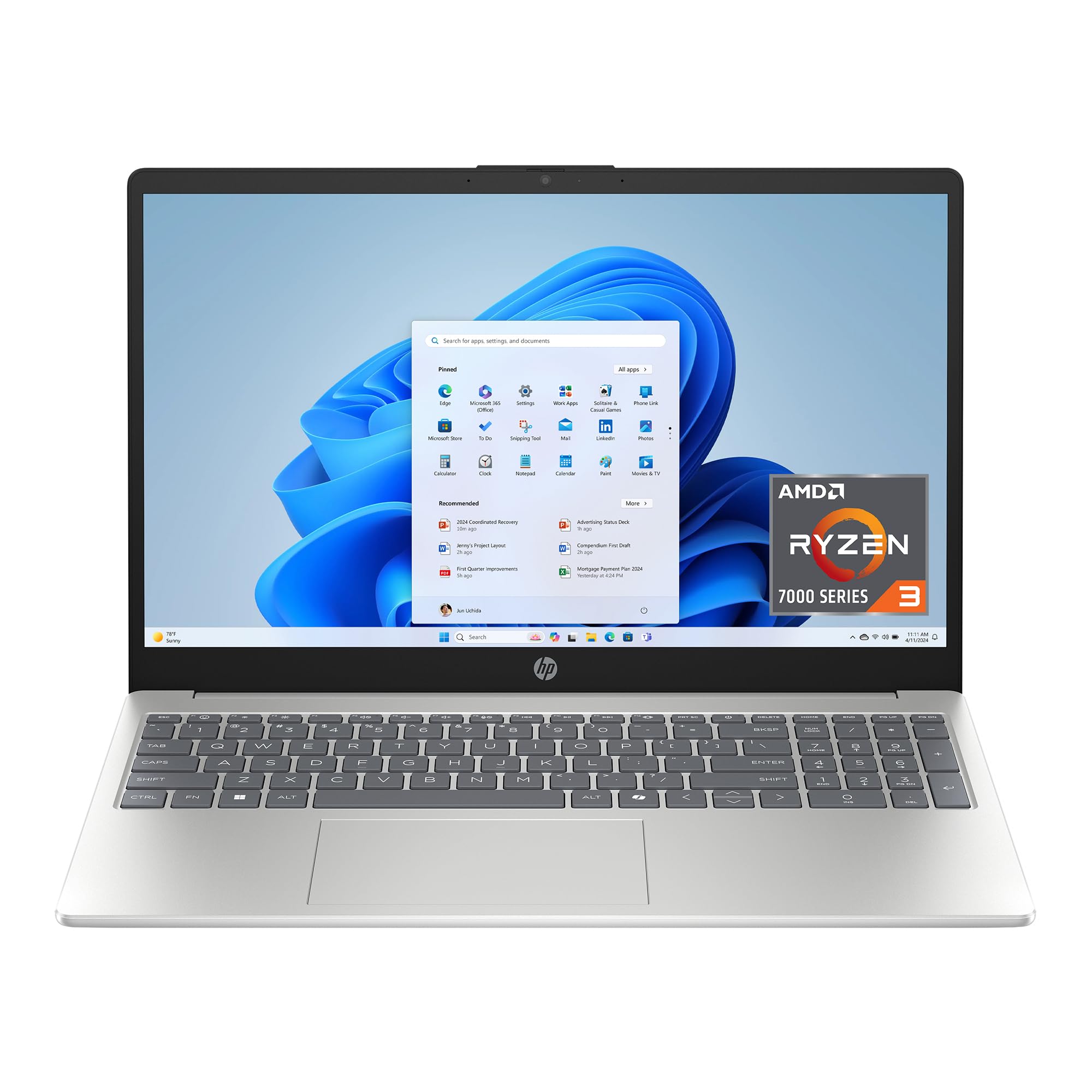 HP 15.6 inch Laptop, HD Touchscreen Display, AMD Ryzen 3 7320U, 8 GB RAM, 256 GB