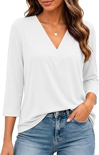 Bliwov Womens Spring Summer Tops V Neck 3/4 Regular Sleeve Outfits Loose Fit Soft Tee Business Casual Basic Tunic T Shirts