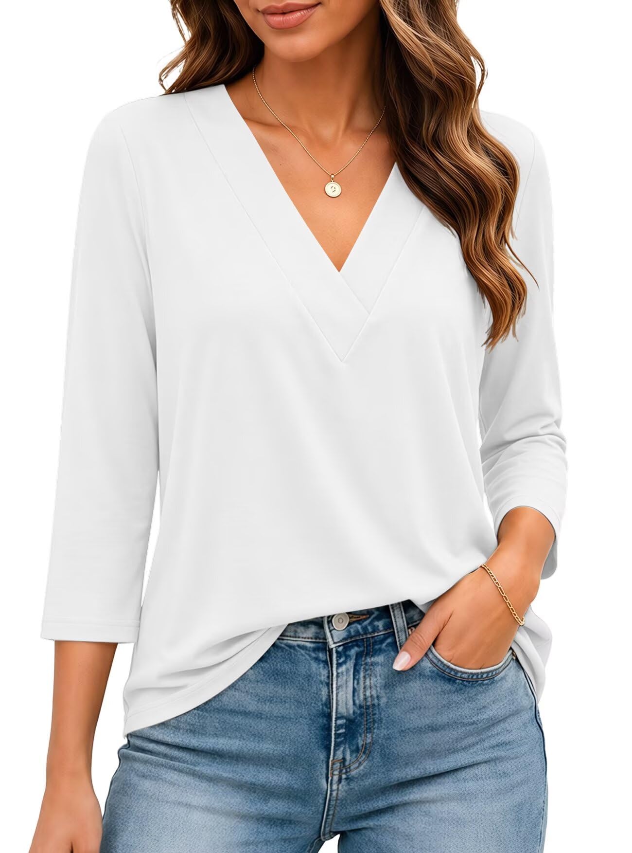 Bliwov Womens Spring Summer Tops V Neck 3/4 Regular Sleeve Outfits Loose Fit Sof