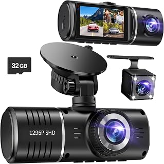 Dash Cam Front and Rear, 1296P Dash Camera for Cars, 3 Channel Car Camera Front Rear and Inside with 32GB Card, Loop Recording, Night Vision, HDR, 24Hr Parking, G-Sensor
