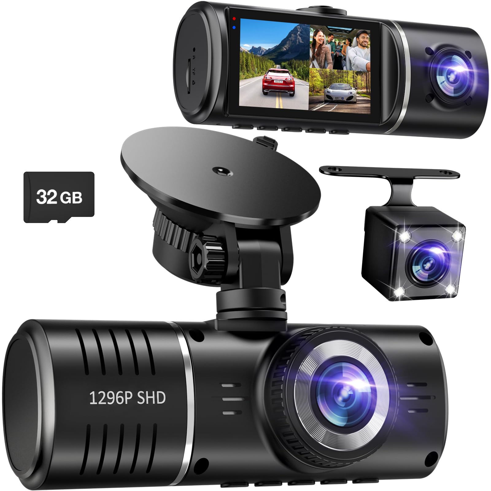 Dash Cam Front and Rear, 1296P Dash Camera for Cars, 3 Channel Car Camera Front 