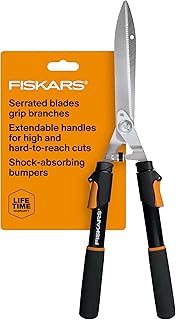 Fiskars 25"-33" Power-Lever Extendable Garden Hedge Shears, 10” Blades | Telescoping Adjustable Handles for High-Reach Pruning and Shaping, Self-Sharpening Serrated Steel Blades