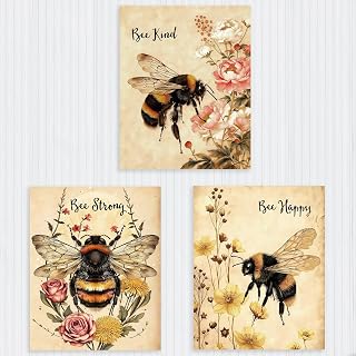 3 Pieces Motivational Printed Poster Vintage Bee Floral Unframed Elegant Wall Decor for Hallway Living Room Bedroom Farmhouse Style Wall Art