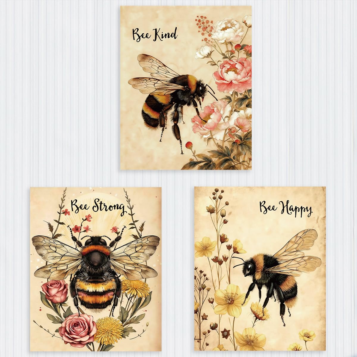3 Pieces Motivational Printed Poster Vintage Bee Floral Unframed Elegant Wall De
