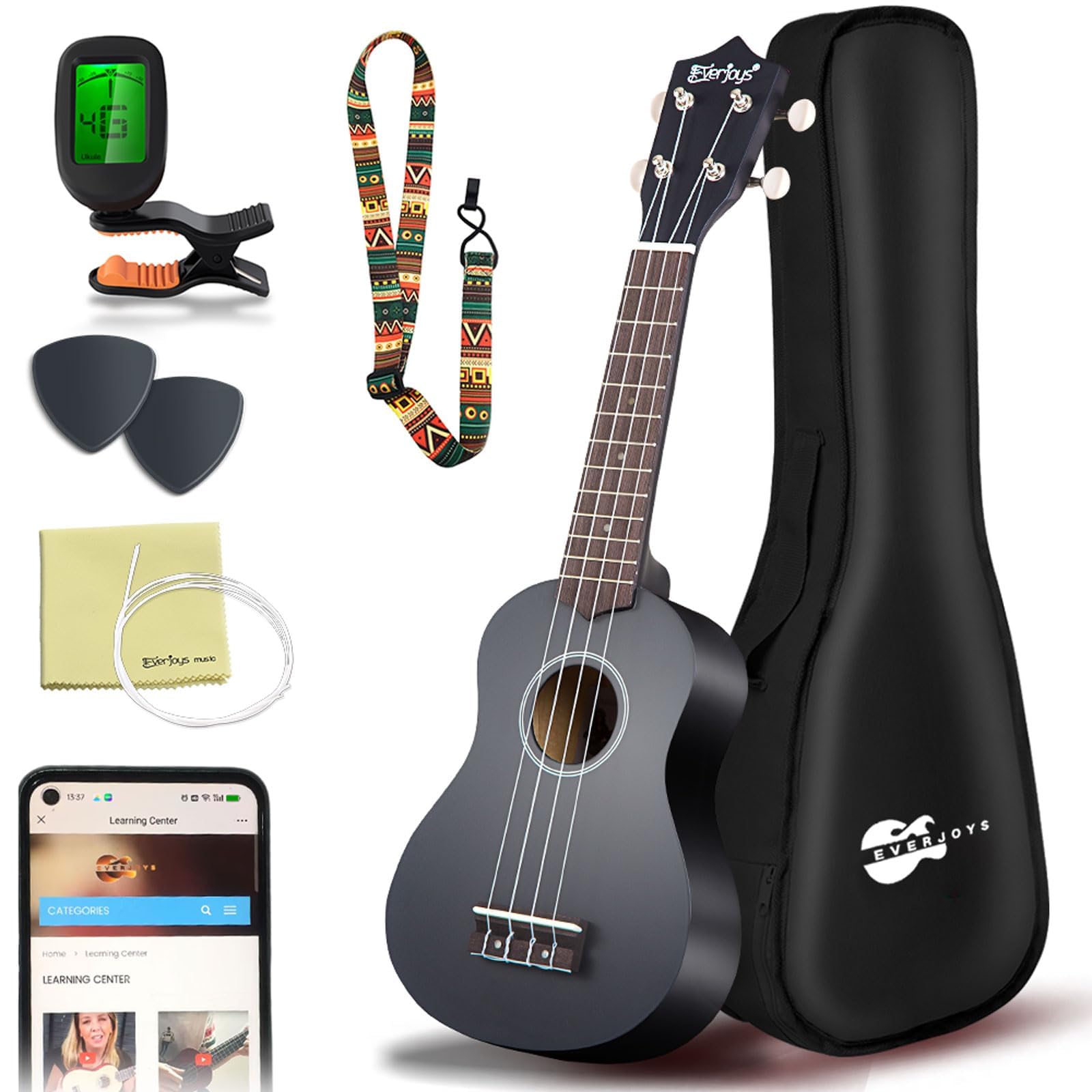 Mhogany Soprano Ukulele Starter Kit - Professional 21 inch w/Case Strap Digital 