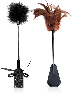 Feather Ticklers Crop Whip for Couples - Faux Feather Tickler for Play - 2pcs Set Black and Brown