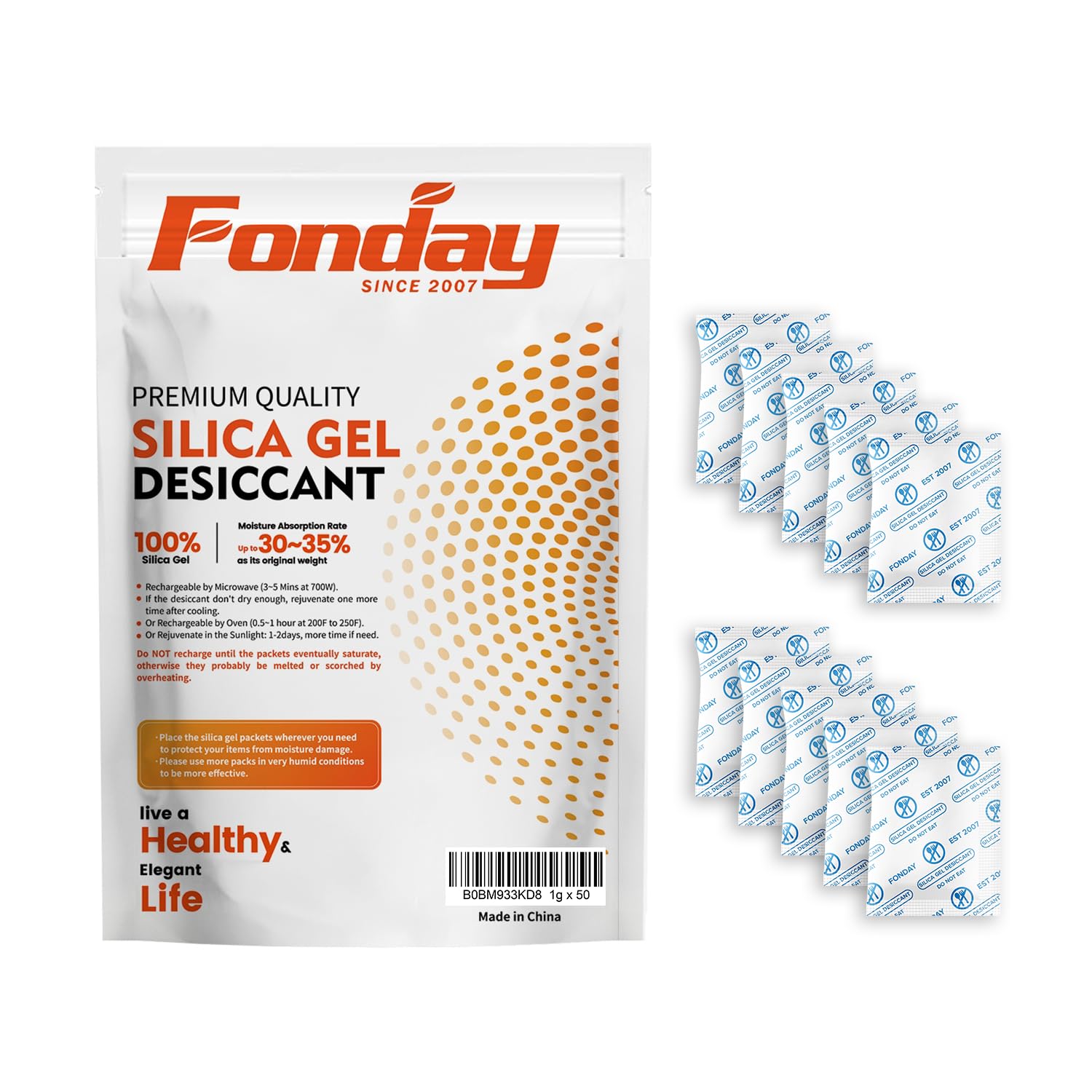 1 Gram 50 Packets Fonday Food Grade Silica Gel Desiccant Packs | Premium silica 