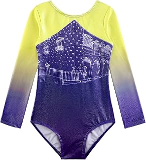 Kidsparadisy Gymnastics Leotard Girls Long Sleeve Rainbow Stripe Ballet Tutu Dance Outfit for 2-15Y Little Girls Children