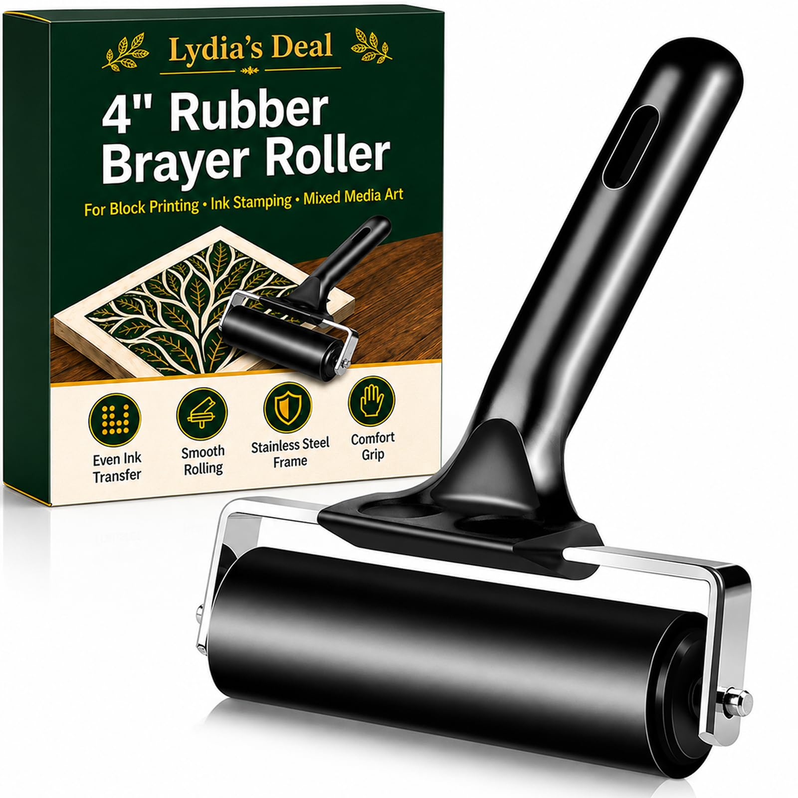 Rubber Brayer Roller, 4 Inch Block Printing Tool for Crafts, Art & Stamping | Cr