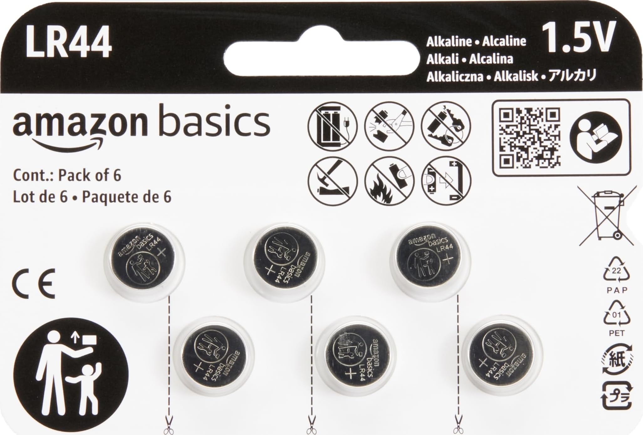 Amazon Basics 6-Pack LR44 Alkaline Button Coin Cell Battery, 1.5 Volt, Long Last