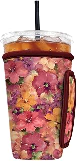 Reusable Insulated Neoprene Iced Coffee Sleeve with Handle, Coffee Cup Holder for Hot & Cold Drinks, Universal Fit 16–32oz Cups, Bottles & Tumblers - Sunset Florals M