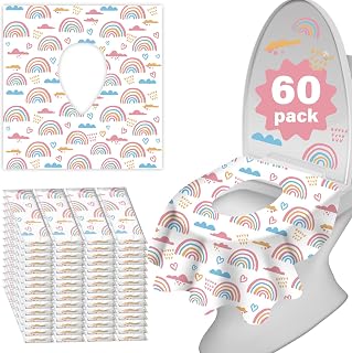 60 Pack Toilet Seat Covers Disposable, Extra Large Waterproof Toilet Cover for Toddlers &amp; Adults, Individually Wrapped Travel Essential Portable Potty Training in Public Restrooms, Trip - Rainbow