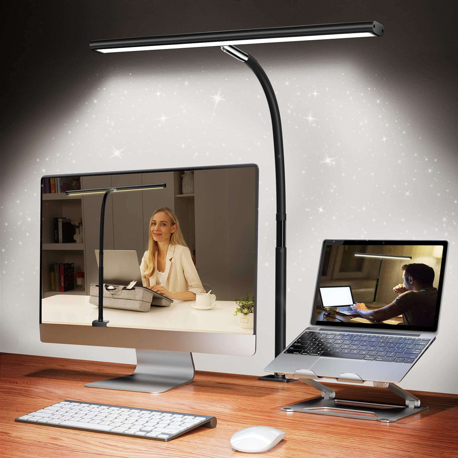 Airlonv LED Desk Lamp with Clamp, 17" Stepless Dimming Light, Black | 2700K-6500