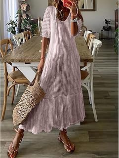 Women Summer Dress Elegant Striped Print Midi Sleeve V Neck Long Dress