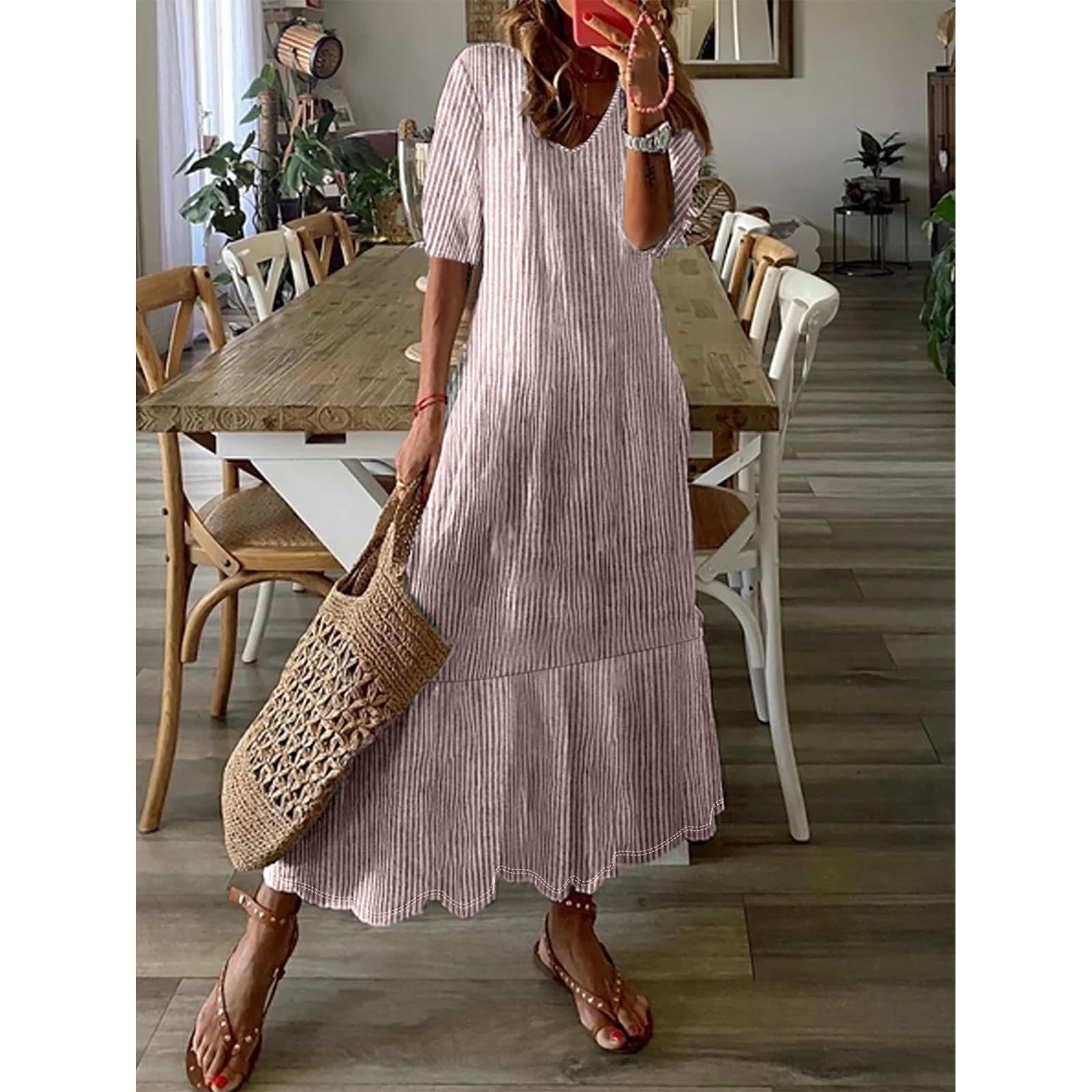 Women Summer Dress Elegant Striped Print Midi Sleeve V Neck Long Dress