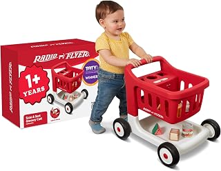 Radio Flyer Scan & Sort Shopping Cart, for Kids 1+, Red, for Indoor Play | Interactive Baby Walker with Lights & Adjustable Sound, Includes 6 Play Food Items, Adjustable Height Baby Push Walker