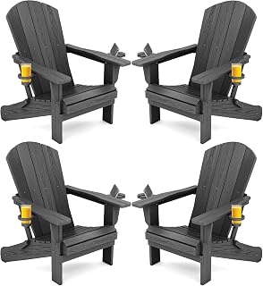 SERWALL Outdoor Adirondack Chair Set of 4 with 2 Cup Holders,Foldable,Grey | HDPE Composite,Waterproof,Wood Grain,Cup & Phone Holder,Suitable for Garden,Patio,Backyard