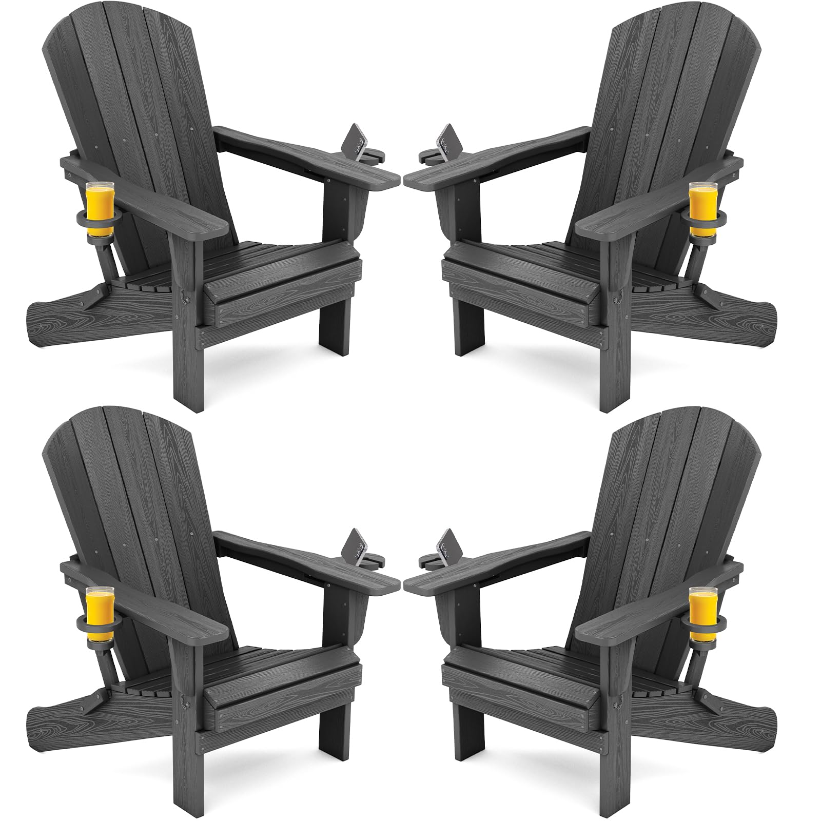 SERWALL Outdoor Adirondack Chair Set of 4 with 2 Cup Holders,Foldable,Grey | HDP