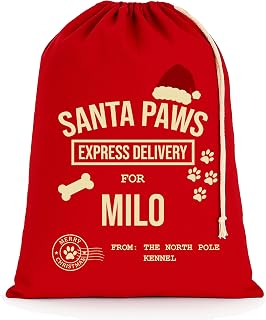 Chicken Craft Personalised Dog Christmas Sack, Santa Paws, Red, 45x30cm | Dog Santa sack with custom name, gift bag for your dog's Christmas presents, red cotton, Medium 45 x 30 cm, 8 litres