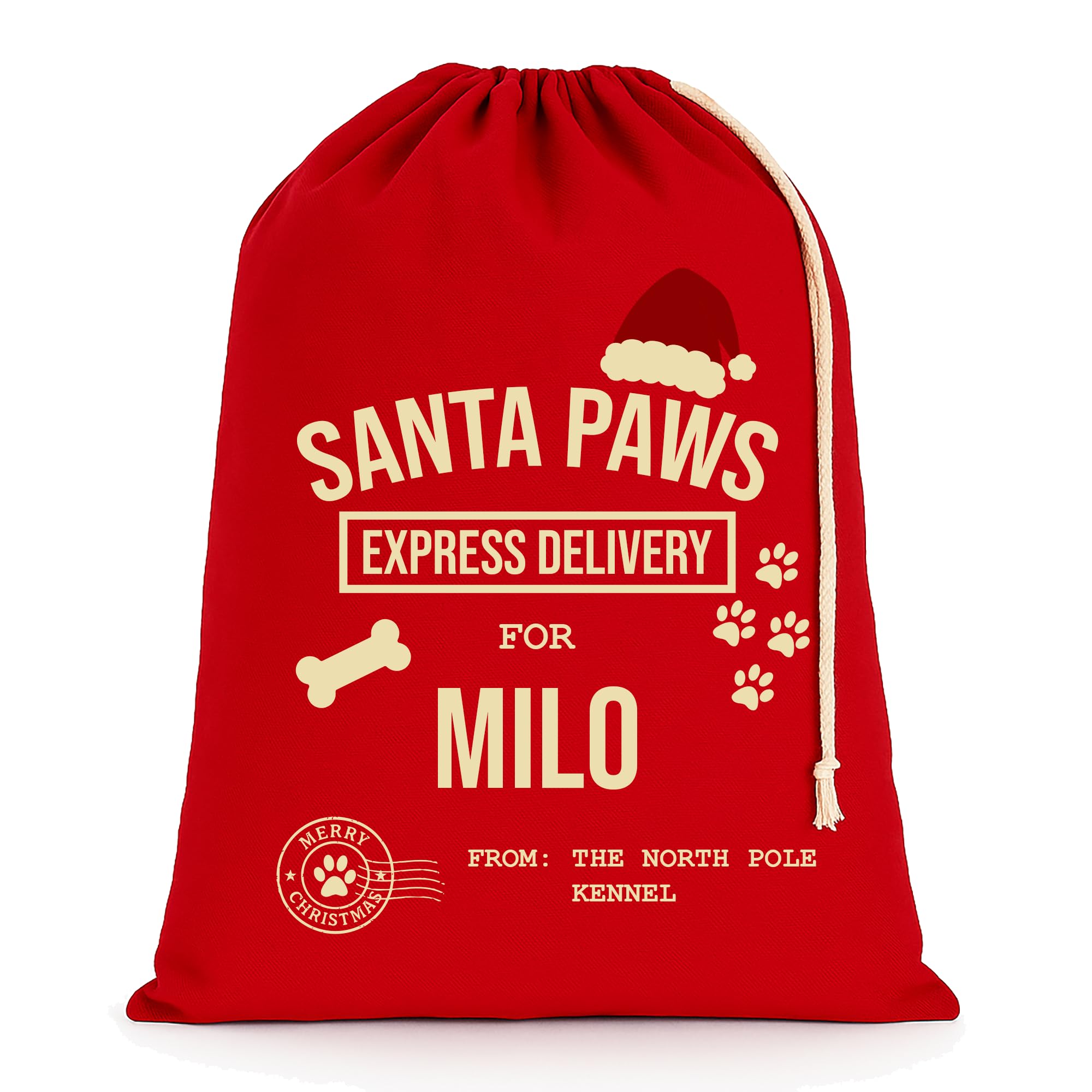 Chicken Craft Personalised Dog Christmas Sack, Santa Paws, Red, 45x30cm | Dog Sa