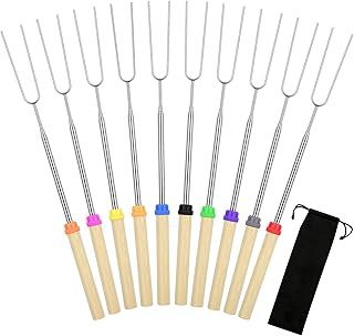 10 Pack Smores Sticks, 32 Inch Marshmallow Roasting Sticks for Fire Pit | Extendable Roasting Skewers with Bag. Hot Dog Fork. Smores Kit for Campfire Camping Essentials. 304 Stainless Steel.