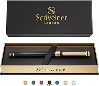 Scriveiner Black Lacquer Rollerball Pen - Multi Award Winning Luxury Rollerball Real Gold Plating, Schmidt Refill, Quality Executive Writing Pen for the Office, Journaling or Gift Set for Men & Women