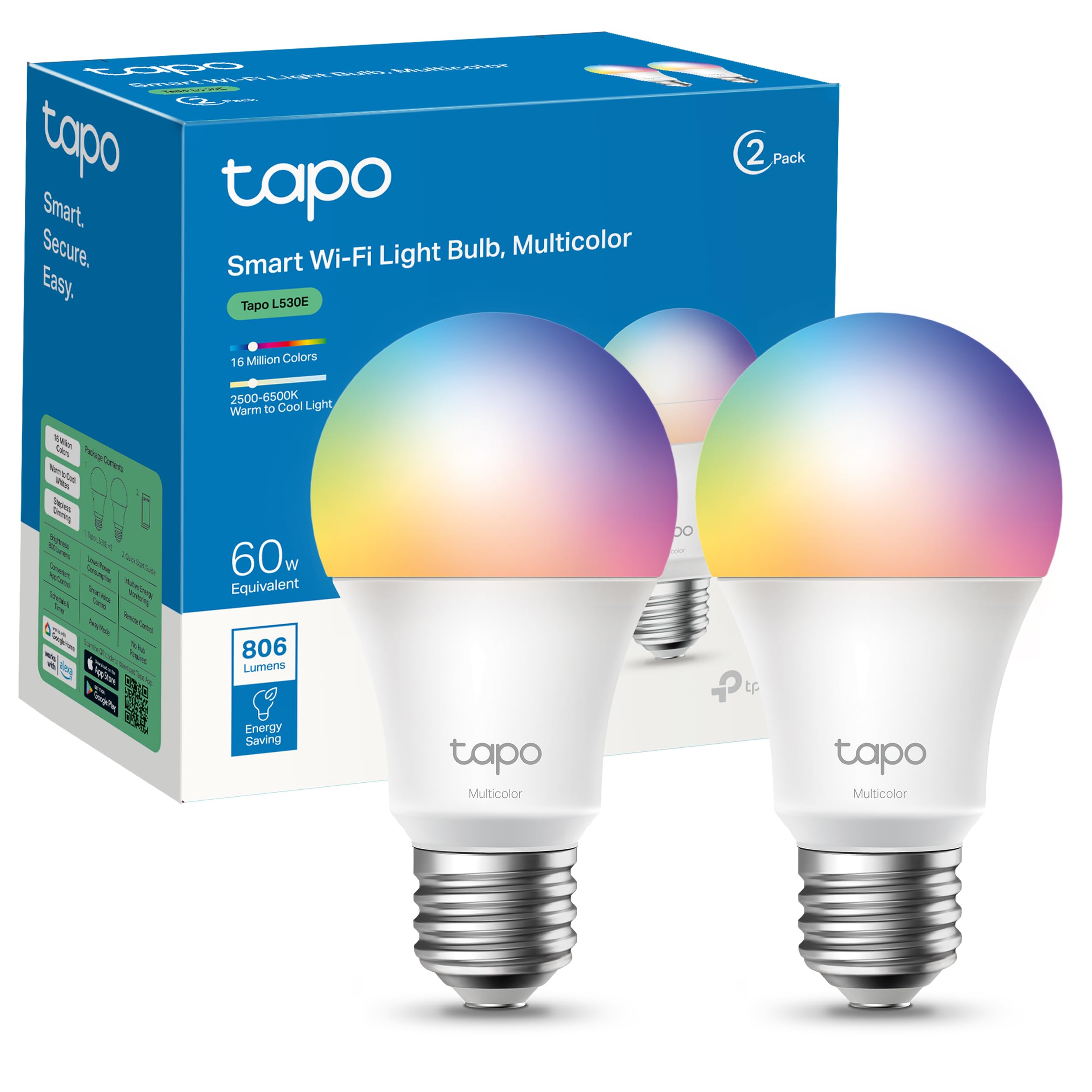Tapo L530E (2-Pack) – WiFi Smart Bulb, RGB Multicolor, 800lm, E27 | Dimmable. 16