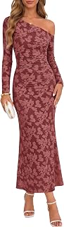 ZESICA Women's Spring Floral Off Shoulder Bodycon Maxi Dresses 2026 Long Sleeve Ruffled Elegant Cocktail Party Dress
