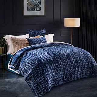 RECYCO Channel Box Stitch Velvet Quilt Set, Full Queen Size, Navy Blue