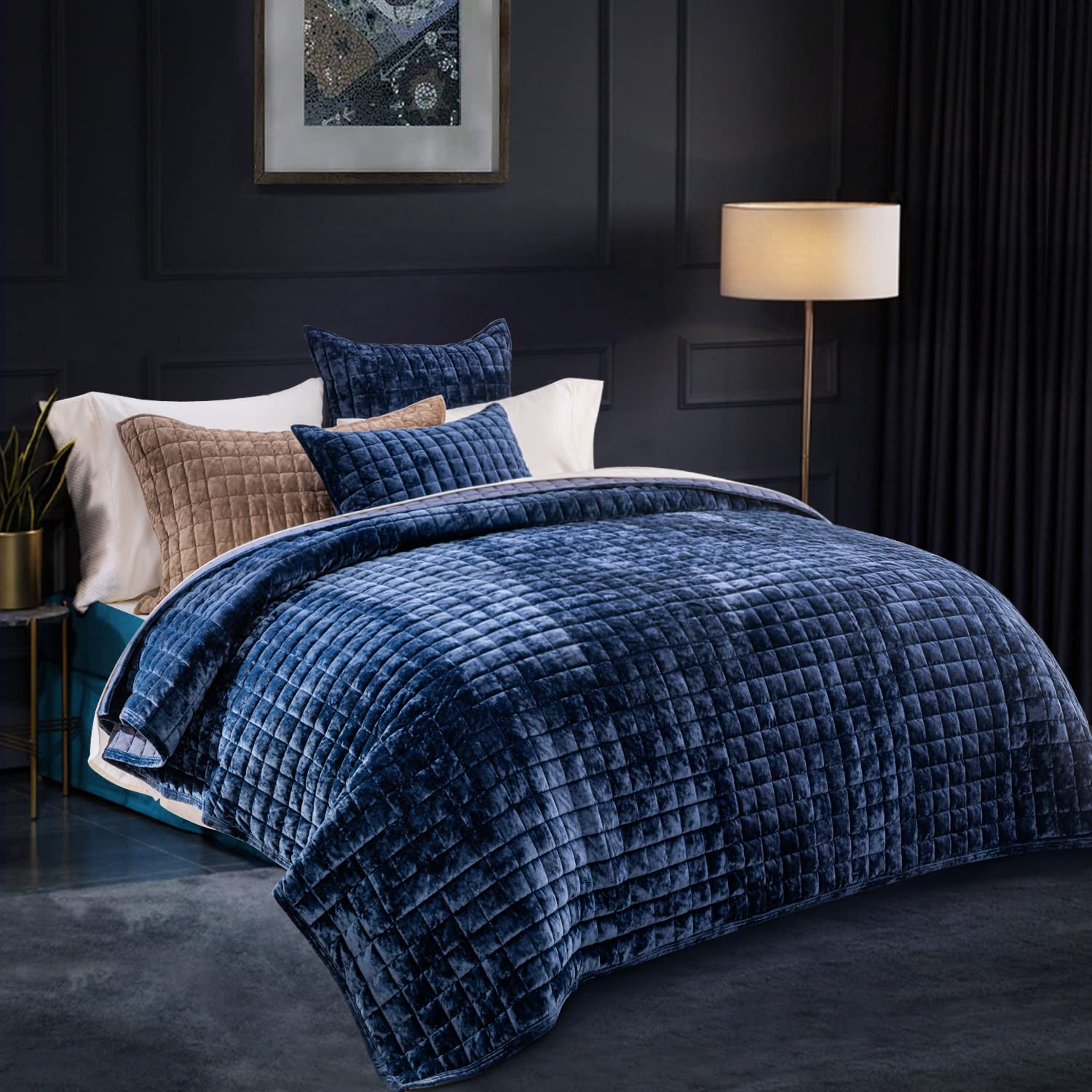 RECYCO Channel Box Stitch Velvet Quilt Set, Full Queen Size, Navy Blue