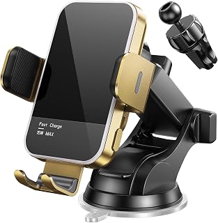Car Phone Holder Wireless Charger,【7 Colored RGB Backlit】MOSURR 15W Auto Clamping Wireless Car Charger Mount for iPhone 16 15 14 Mini Pro Max, Samsung Galaxy S26 Ultra S25 S24+, etc - Gold