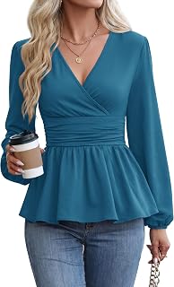 MOLERANI Women Peplum Tops Wrap V Neck Blouses Long Sleeve Shirts