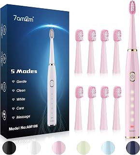 7AM2M Sonic Electric Toothbrush for Adults | High Power Rechargeable Toothbrushes with 8 Brush Heads, 5 Modes, 2-Minute Smart Timer,4 Hours Fast Charge for 75 Days(Pink)