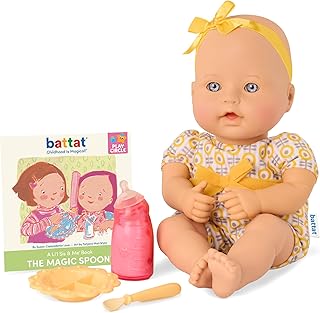 Battat Baby Doll, Feeding Time Soft Body 12-Inch with Accessories, Playset | 12-inch soft-body newborn doll with bottle, dish, spoon, attached onesie and bow, plus easy-to-read storybook, 2+ Years