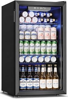 Feelfunn 3.2 Cu. Ft. Beverage Refrigerator, 126-Can Mini Fridge, 34-64°F | Glass Door Beverage Cooler, 4 Adjustable Shelves, Quiet 36dB, for Bedroom Office Dorm Bar RV, Black