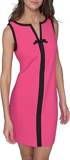 Karl Lagerfeld Women's Sleeveless Split Neck Contrast Trim A-line Mini Dress with Bow Detail