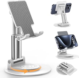 BHHB Mobile Stand, Adjustable Table Tablet Stand with 360 Degree Rotating Base, Adjustable Tablet Stand for iPad/iPad Pro/Air/Mini, Galaxy Tab A8/A7 Lite/A7/S8/S7, Tab/Phones - White