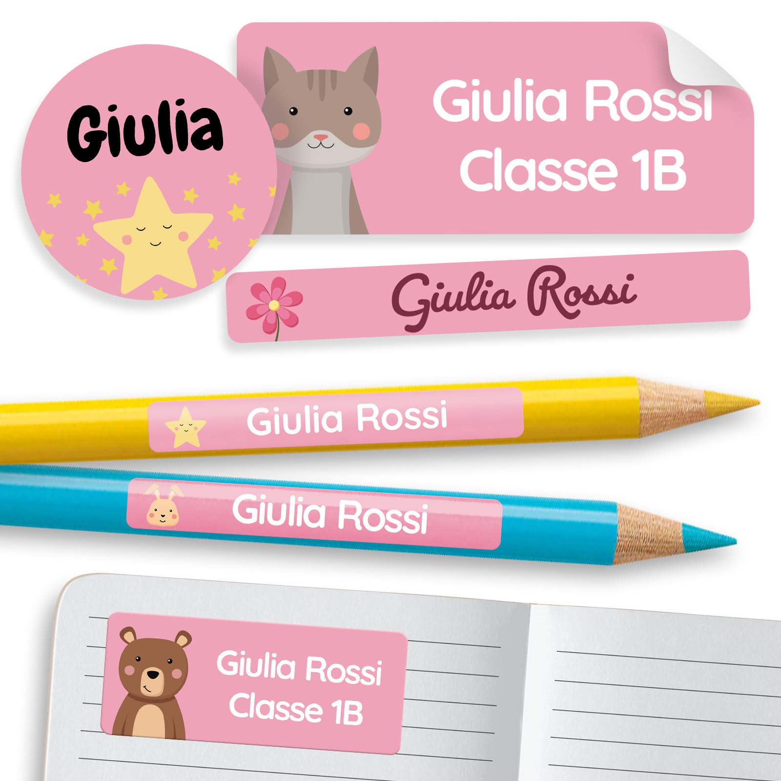 Melu Kids® Personalised School Adhesive Labels (190, Pink)