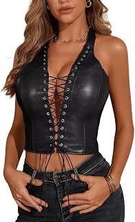 Women's PU Leather Halter Top Lace Up Front Crop Tank Tops Sleeveless Backless Sexy Corset Camisole Party Clubwear