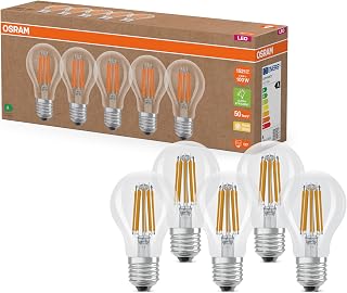 OSRAM High Efficiency LED Lamps Energy Efficiency Class A, Value Pack of 5 Bulbs, 100W Replacement, Warm White (2700K), E27, Filament Glass