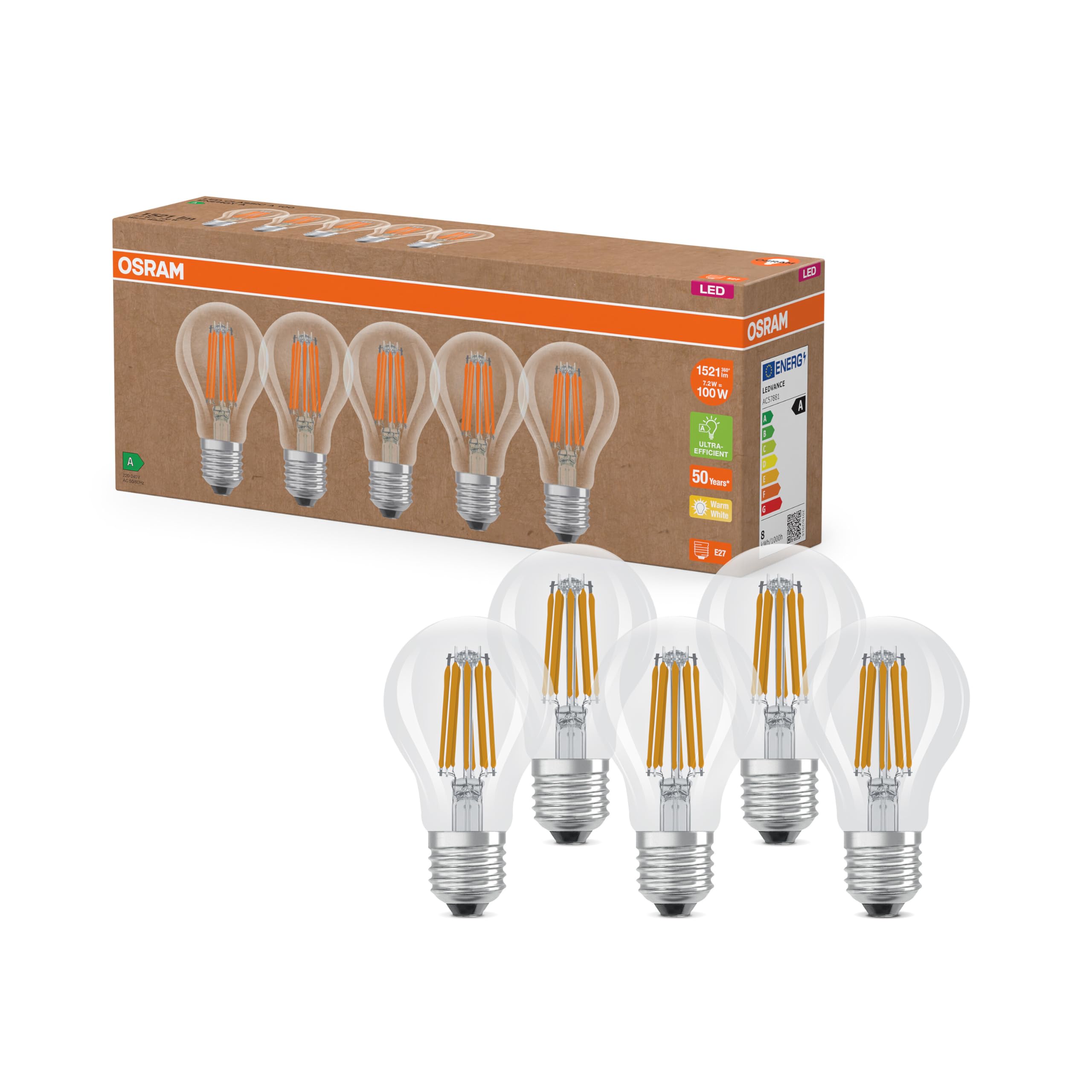 OSRAM High Efficiency LED Lamps Energy Efficiency Class A, Value Pack of 5 Bulbs
