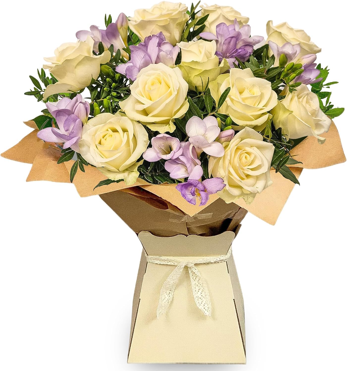 Rose & Freesia Bouquet With White Roses, Lilac Freesia & Foliage - Gift For Birt