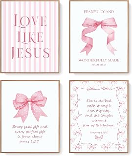 LARTSFRO Coquette Pink Bow Jesus Wall Art Decor Posters, Light Pink Bow Christian Room Bedroom Bathroom Dorm Wall Art Decor Aesthetic for College Teen Girls Gifts, Inspirational Bible Verses Bow Wall Decor, 10x8 Inch Set of 4 Bow Pictures (UNFRAMED)