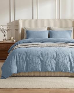 SE SOFTEXLY Muslin Duvet Cover Queen Size, 100% Washed Cotton Duvet Cover Set, Ultra Soft Comforter Cover Linen Like, 3 Pieces Minimalist Gauze Duvet Cover with 2 Pillowcases, 90"x90", Blue