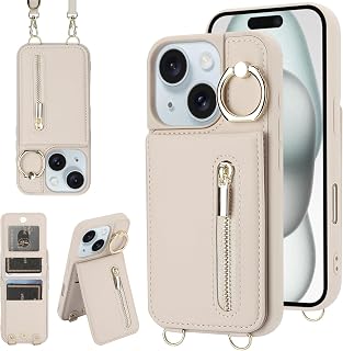 Jcxtrombulous for  iPhone 13/14 Wallet Case with Card Holder,Beige | Crossbody Lanyard Strap with RFID Blocking,Magnetic Flip Folio Zipper Purse Case, PU Leather Cover Handbag