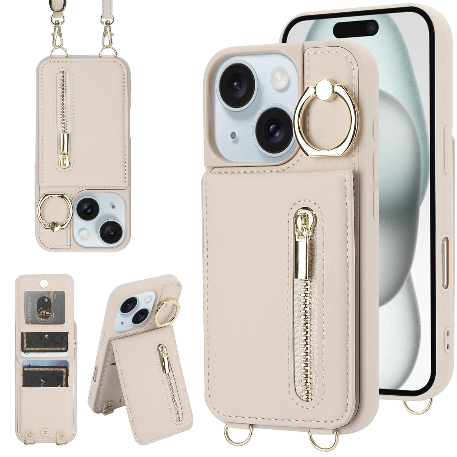 Jcxtrombulous for  iPhone 13/14 Wallet Case with Card Holder,Beige | Crossbody L
