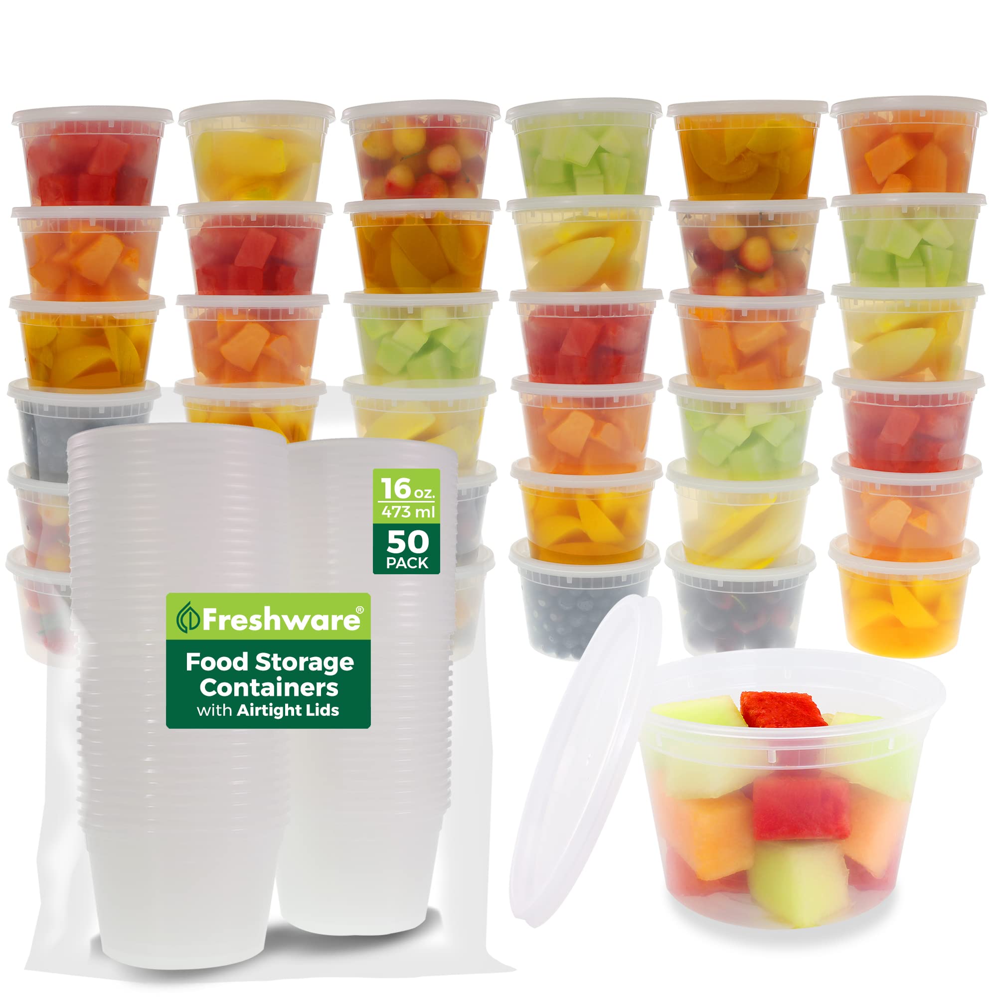 Freshware Food Storage Containers [50 Set] 16 oz Plastic Deli Containers with Li